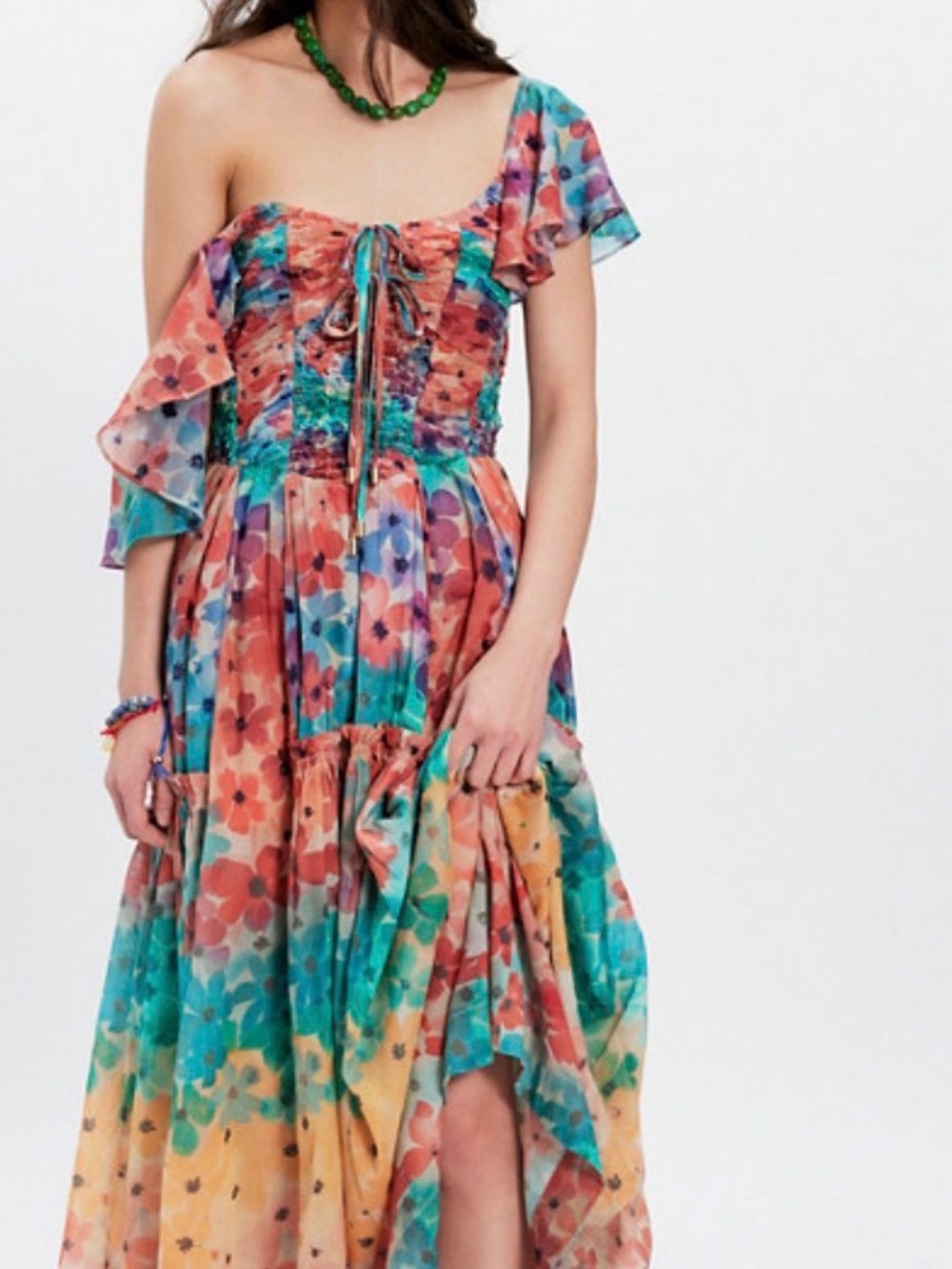 Free People Floral Maxi Dress in Teal and Coral xs 2-4 - Picture 2 of 3